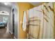 Bathroom with a shower and decorative curtain, an adjacent bedroom and an open closet space at 2655 Sheila Dr, Apopka, FL 32712