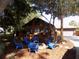 Charming home featuring a cozy front yard fire pit surrounded by six comfortable blue Adirondack chairs at 2929 Lakeshore Dr, Mount Dora, FL 32757