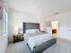 Comfortable main bedroom featuring a gray headboard and stylish bedside tables with lamps at 299 Marcello Blvd, Kissimmee, FL 34746