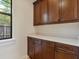 Well-organized pantry with dark wood cabinets and a quartz countertop by a window at 1690 Oneco Ave, Winter Park, FL 32789
