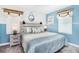 Charming blue bedroom featuring a decorative headboard, playful accents, and a cozy atmosphere for relaxation at 2839 Bookmark Dr, Kissimmee, FL 34746