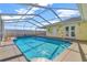 Backyard view of an inviting in-ground pool, screened-in lanai and a light yellow house at 700 Roby Ct, Dundee, FL 33838