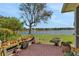 Paver patio overlooking scenic lake with fountain view, complemented by lush greenery and a fire pit at 1646 Arash Cir, Port Orange, FL 32128