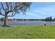 Scenic lake view showcasing lush green lawn, fountain, and mature shade tree on a sunny day at 1646 Arash Cir, Port Orange, FL 32128