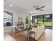 Living room featuring hardwood floors, contemporary furniture, backyard views, and a ceiling fan at 1807 Simonton Ave, Orlando, FL 32806
