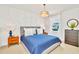 Stylishly designed bedroom with a blue bedspread, bedside tables, and a contemporary light fixture at 537 Marcello Blvd, Kissimmee, FL 34746