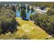 Aerial view of a golf course by a lake with mature trees, offering scenic recreation in a peaceful community at 721 Polo Park Blvd, Davenport, FL 33897