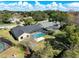 Drone shot showcasing a screened-in pool, large yard, mature trees, and surrounding neighborhood at 10012 Silver Bluff Dr, Leesburg, FL 34788