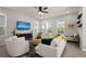 Inviting living room featuring plush seating, a stylish ceiling fan, and natural light from multiple windows at 12064 Encore At Ovation Way, Winter Garden, FL 34787
