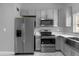 Modern kitchen with stainless steel appliances and gray cabinets for ample storage space at 1407 Dunsany Ave, Orlando, FL 32806