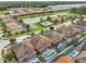 Community aerial featuring serene pond, manicured lawns, and backyard pools with screened enclosures at 2551 Dharma Cir, Kissimmee, FL 34746