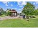 Lakeside gazebo featuring an octagonal shade structure, seating, waterfront views and manicured lawn at 448 Douglas Edward Dr, Ocoee, FL 34761