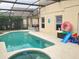 Inviting pool with a spa and a screened enclosure and -safe fence at 114 Langham Dr, Davenport, FL 33897