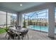 A patio seating area views a safety fenced in pool and community homes at 2483 Dubai St, Kissimmee, FL 34747