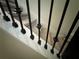 Carpeted staircase with black metal balusters and a white banister at 7606 Loon Ave, Winter Garden, FL 34787