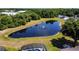 Aerial shot of a beautiful community pond with a fountain, surrounded by lush greenery and nearby homes at 1165 Cardinal Creek Pl, Oviedo, FL 32765