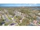 Aerial view showcasing a residential neighborhood with tree-lined streets and lake views at 1224 Shorecrest Cir, Clermont, FL 34711