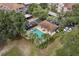 Overhead shot of pool and cabana shaded by palm trees, with parking and additional buildings nearby at 7123 Yacht Basin Ave # 328, Orlando, FL 32835