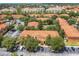 An aerial view showcasing the neighborhood's attractive townhomes, landscaping, and convenient parking at 7614 Acklins Rd, Kissimmee, FL 34747