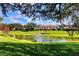 Scenic view of backyard pond with fountain surrounded by lush landscaping and townhome residences at 8443 Via Bella Notte, Orlando, FL 32836