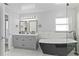Modern bathroom with a freestanding black tub, gray double vanity, updated lighting, and large window for natural light at 4100 Cannon Ct, Kissimmee, FL 34746