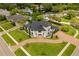 Expansive aerial shot showcases the landscaped grounds and circular brick driveway of this estate at 5447 Brookline Dr, Orlando, FL 32819