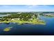 Picturesque aerial view of waterfront homes and a lake, with private docks enhancing the luxurious lakeside lifestyle at 17201 Magnolia Island Blvd, Clermont, FL 34711