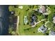 Aerial shot showcasing a waterfront estate with private dock, lush landscaping, pool, and expansive lawn at 17201 Magnolia Island Blvd, Clermont, FL 34711