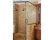 Walk-in shower featuring dual showerheads and natural stone-look tile, adjacent to a custom cabinet at 17201 Magnolia Island Blvd, Clermont, FL 34711