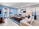 Cozy living room features comfortable seating, a blue accent wall and sliding glass doors at 431 Novi Path, Kissimmee, FL 34747