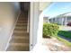 Stairway to the main level showing the beige carpet runner, light gray walls and a view of the outdoors at 4448 Pinebark Ave # 56-1, Orlando, FL 32811