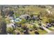 Aerial view of a modern home featuring a sparkling pool and lush tropical landscaping at 34500 Tree Frog Ln, Eustis, FL 32736