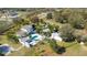 Aerial view of a contemporary house with beautiful landscaping and an inviting swimming pool at 34500 Tree Frog Ln, Eustis, FL 32736