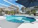 Beautiful screened pool with sun umbrellas, lounge chairs, and mature landscaping offers a relaxing outdoor retreat at 5150 Banana Point Dr, Okahumpka, FL 34762