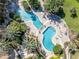 Aerial shot of a uniquely designed pool with lounge chairs surrounded by palm trees at 2425 Legacy Lake Dr # 2425, Maitland, FL 32751