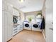 Well-organized laundry room featuring built-in storage, a washer, and a dryer at 4898 Meadow Dr, St Cloud, FL 34772
