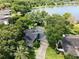 Aerial view showcasing a home with a screened-in pool nestled among lush greenery near a tranquil lake at 703 E Lakeshore Dr, Ocoee, FL 34761