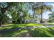 Beautifully landscaped front yard with a large palm tree and mature trees around the house at 703 E Lakeshore Dr, Ocoee, FL 34761