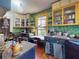 Kitchen with yellow and green accents, granite countertops, checkerboard curtains, and vintage wallpaper at 3471 Whitner Way, Sanford, FL 32773