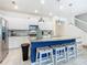 Contemporary kitchen with a vibrant blue island, bar seating, and modern stainless steel appliances at 201 Jetty Way, Davenport, FL 33897