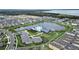 Aerial view of a community pool, splash pad, club house, and parking area at 704 Hyperion Dr, Debary, FL 32713