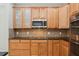 Detailed shot of the kitchen backsplash, microwave, cabinets, and countertops, highlighting the design elements at 981 Galway Blvd, Apopka, FL 32703