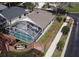 Aerial view of property with screened pool, brick perimeter, and gated community entrance at 109 Grosvenor Loop, Davenport, FL 33897