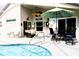 The patio is perfect for relaxation with the pool, fan, patio furniture, and large sun umbrella at 109 Grosvenor Loop, Davenport, FL 33897