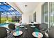 Covered patio with dining table, seating for four, and a view of the screened-in pool at 3373 Lilac Way, Davenport, FL 33897