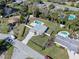 Aerial view of home with pool, shed, and manicured lawn, nestled in a charming neighborhood at 382 Frances Ave, Casselberry, FL 32707