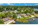 An aerial view showcases a luxurious lakeside estate with a private pool, lush greenery, and direct access to the water, perfect for relaxation at 2504 Gatlin Ave, Orlando, FL 32806