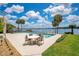 Tranquil backyard pool area with patio seating overlooking the lake and palm trees at 2504 Gatlin Ave, Orlando, FL 32806
