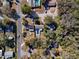 A bird's-eye view captures a property with a pool, fire pit, and shed nestled among trees at 32804 Blossom Ln, Leesburg, FL 34788