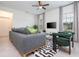 Comfortable living room showcasing a gray sofa, plush green chairs, a modern rug, and a large window with natural light at 14742 Sw 43Rd Terrace Rd, Ocala, FL 34473